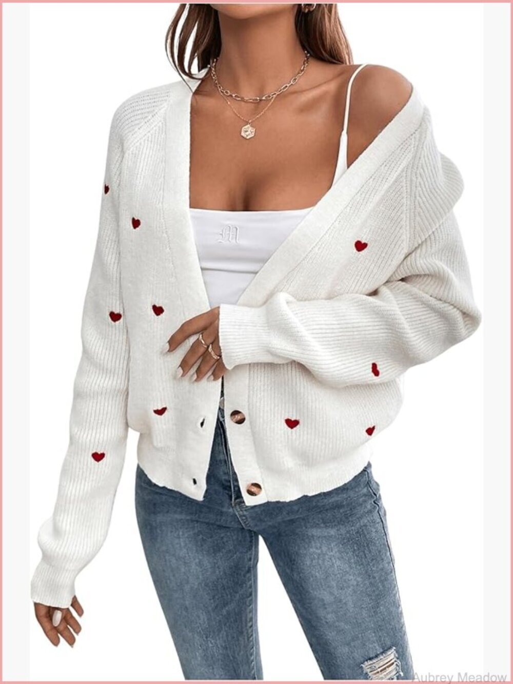 Cute Heart Print Button Down Cardigan V-Neck Long Sleeve Knit Sweater